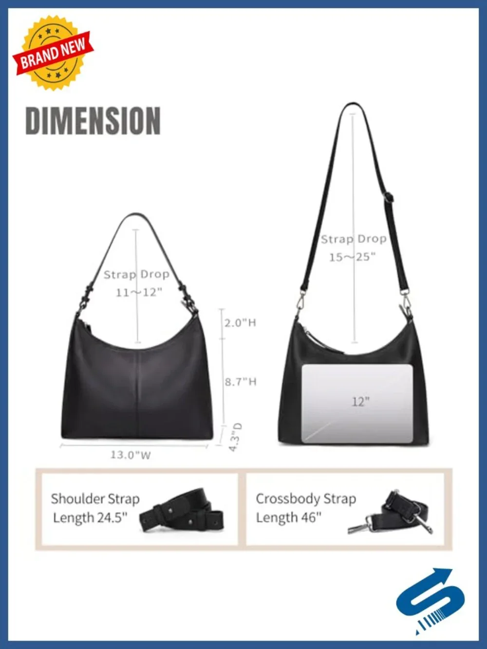 Genuine Leather Hobo Crossbody Handbag Two Straps Casual Work